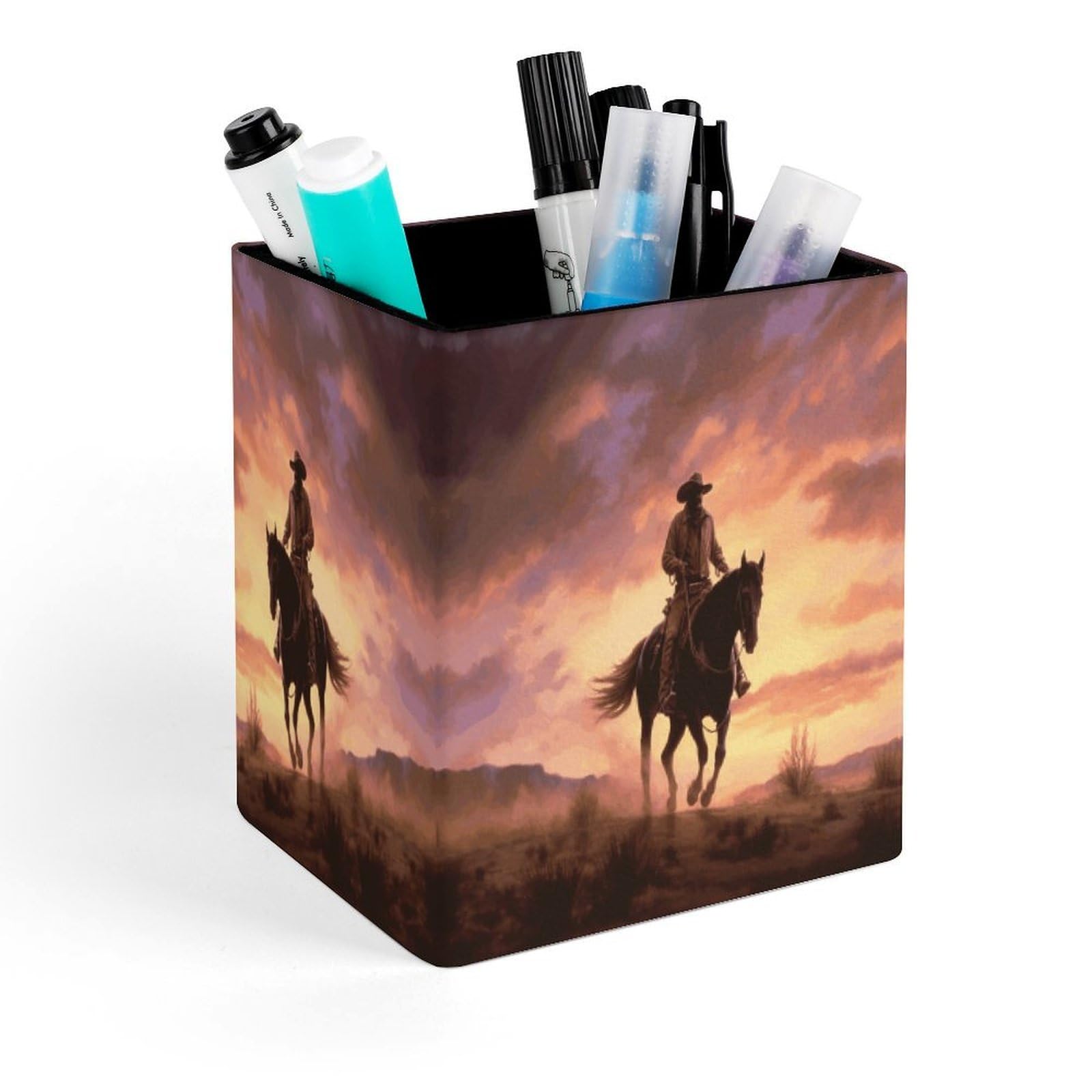 FekiLoot Cowboy West Pencil Holder for Desk Square Leather Pen Holder Cup Desktop Organizer Multi-Functional Pencil Cup Holders Modern Decorative Desk Organizer Caddy Makeup Brush Holders