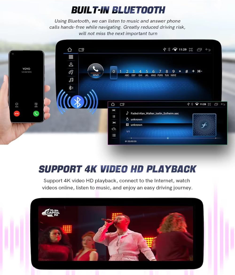 The Carplay screen showing Bluetooth call and music playback interfaces, alongside a smartphone connected via Bluetooth.