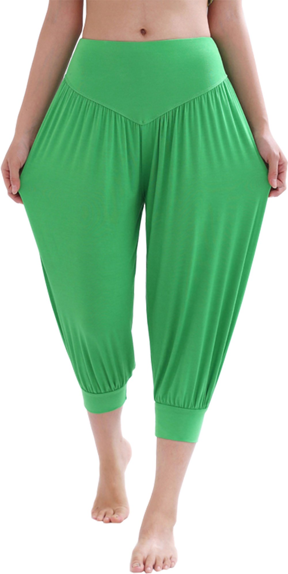Hoerev Women's Green Super Soft Modal Spandex Harem Yoga Pilates Capri Pants, Size Medium
