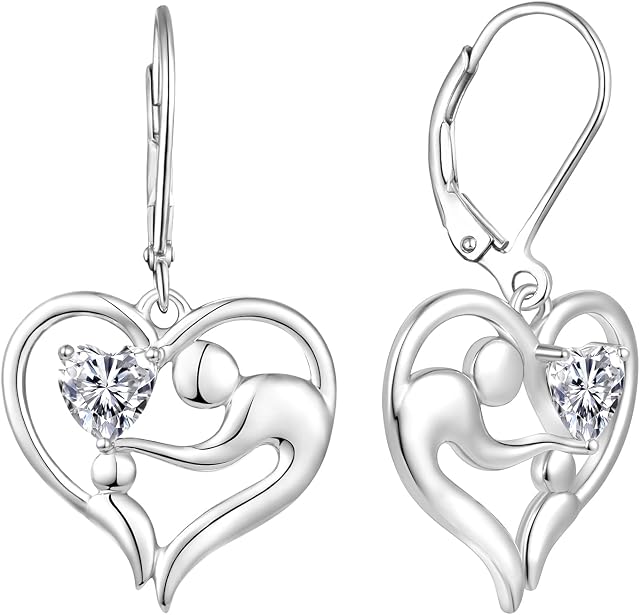 JO WISDOM Women Infinity Mom Earrings,925 Sterling Silver Mother Daughter Love Heart Leverback Dangle & Drop Earrings with 3A Cubic Zirconia