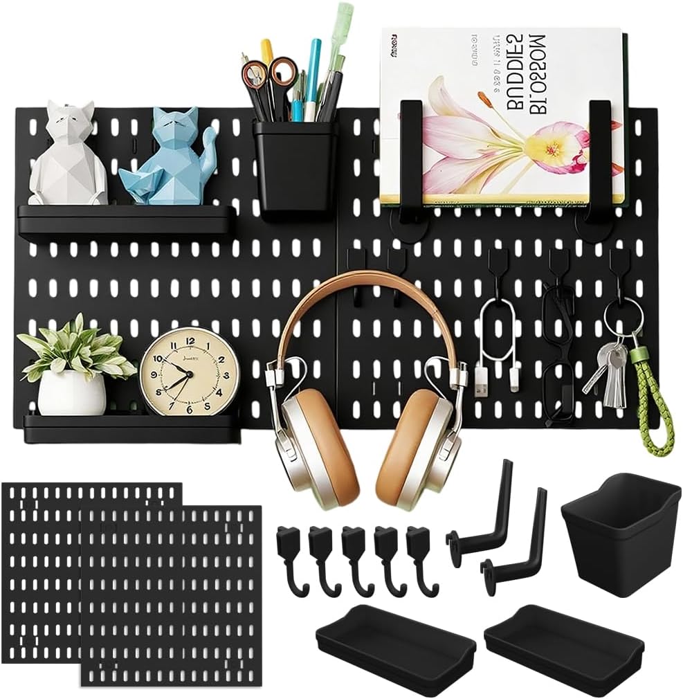 HASTHIP® Pegboard Wall Organizer Kit, Pegboard Combination Panels, 2Pcs 11.8in Square Pegboards, with Hooks, Storage Box & Shelf, No Drill, Space-Saving, for Home, Office, Kitchen, Garage (Black)