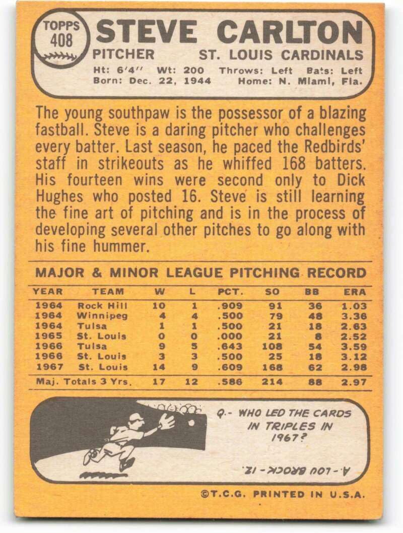 1968 Topps #408 Steve Carlton EX++ Excellent++ St. Louis Cardinals Baseball Trading Card