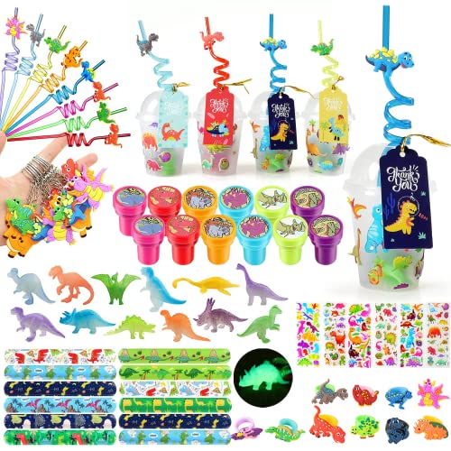 iZoeL Dinosaure Jouet Pinata, 12 Gobelets Pailles Dinosaures, Bracelet Claque Figurine Dinosaure Stickers, Decoration Anniversaire Dinosaure pour Garcon Fille...