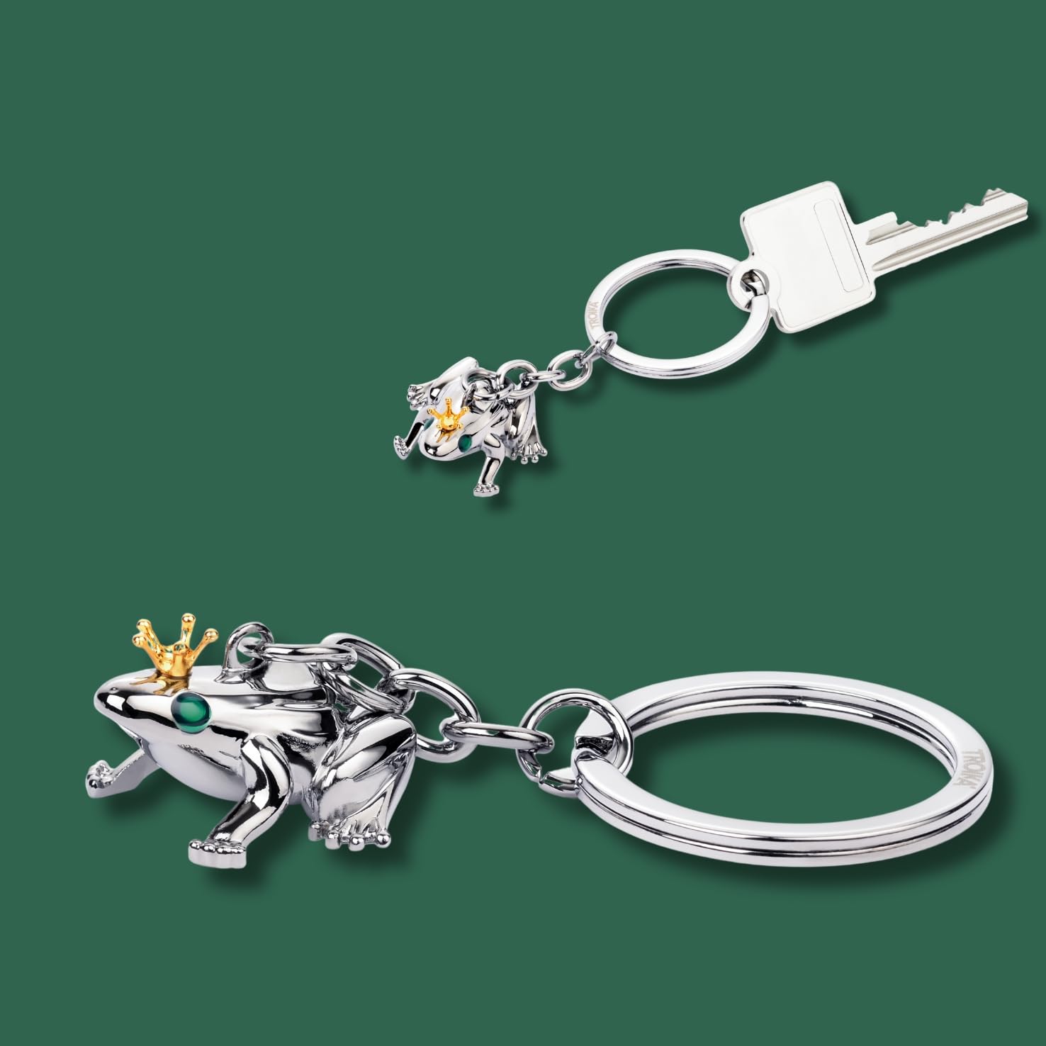 TROIKA Breloczek do kluczy z żabą z koroną – FROSCHKÖNIG – odlew metalowy – chromowany – srebrny, złoty, zielony – oryginalny, srebrny, 7,8 x 3,5 x 2 cm