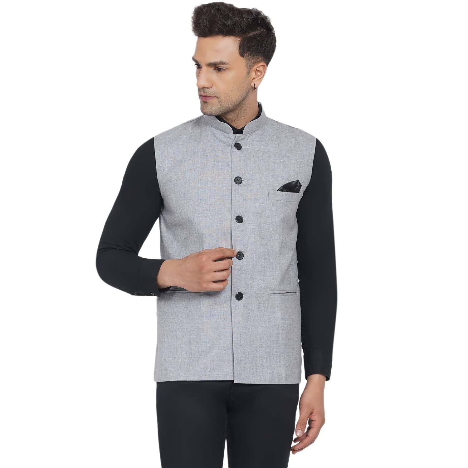 ghanshee Men's Slub Plain Nehru Jacket (Silver)-picture-24
