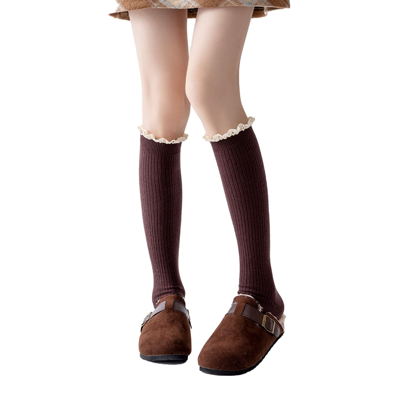 Women Cotton Knit Boot Knee High Socks Lace Trim Knee High Stockings Socks for Boots Casual Chic