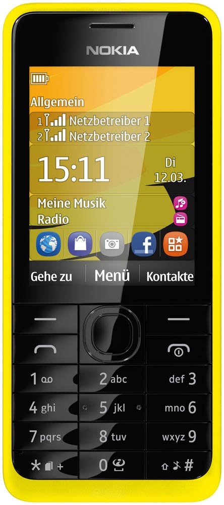 Nokia 301 Handy (64MB RAM, 6 cm (2,4 Zoll) Display, 3,2 Megapixel Kamera, Bluetooth, Micro-USB 2.0) gelb