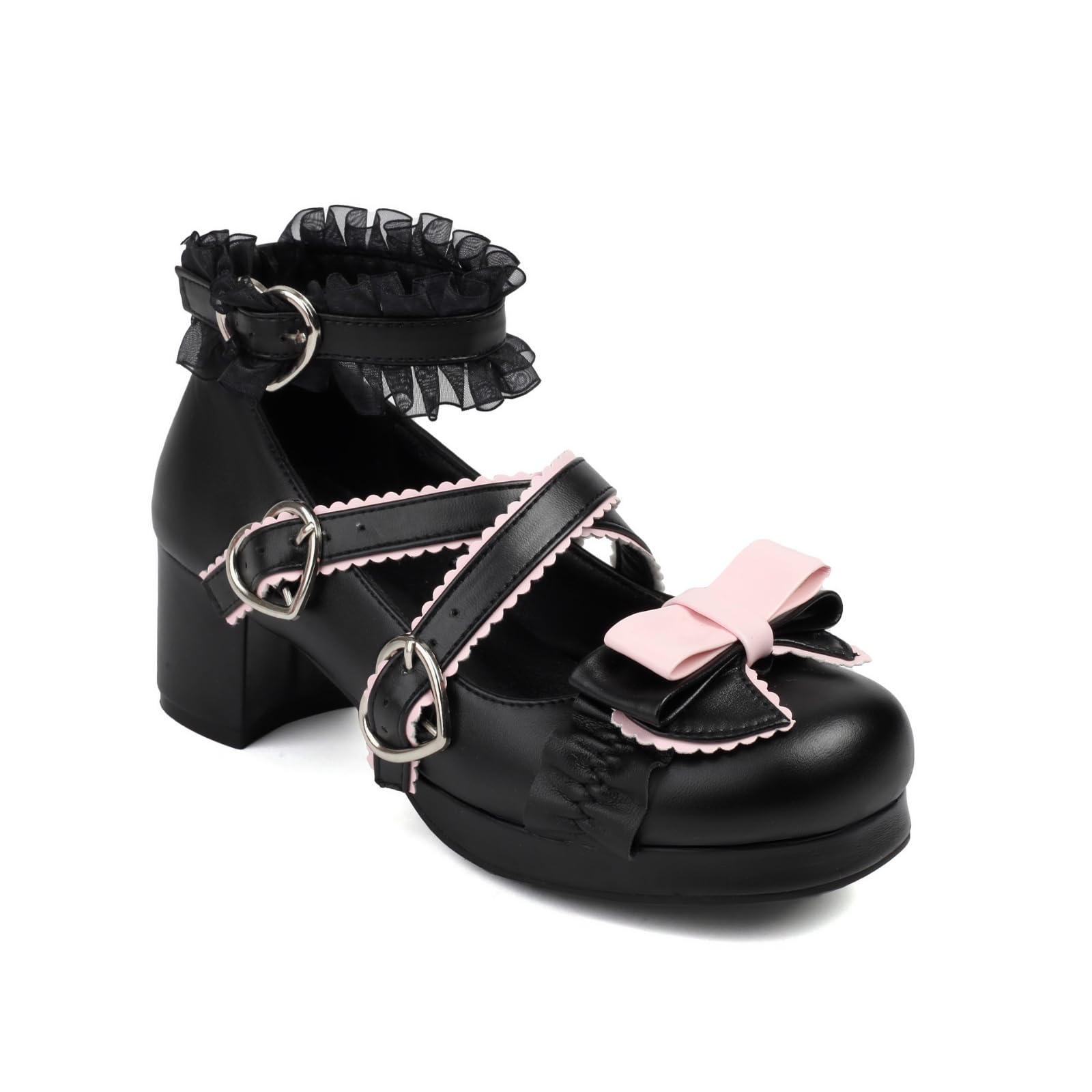 Kawaii Mary Jane Pumps for Women Lolita Cosplay Cute Round Toe Bow Cross Ankle Strap Lace Buckle Platform Mid Block Heel Party Wedding Shoes
