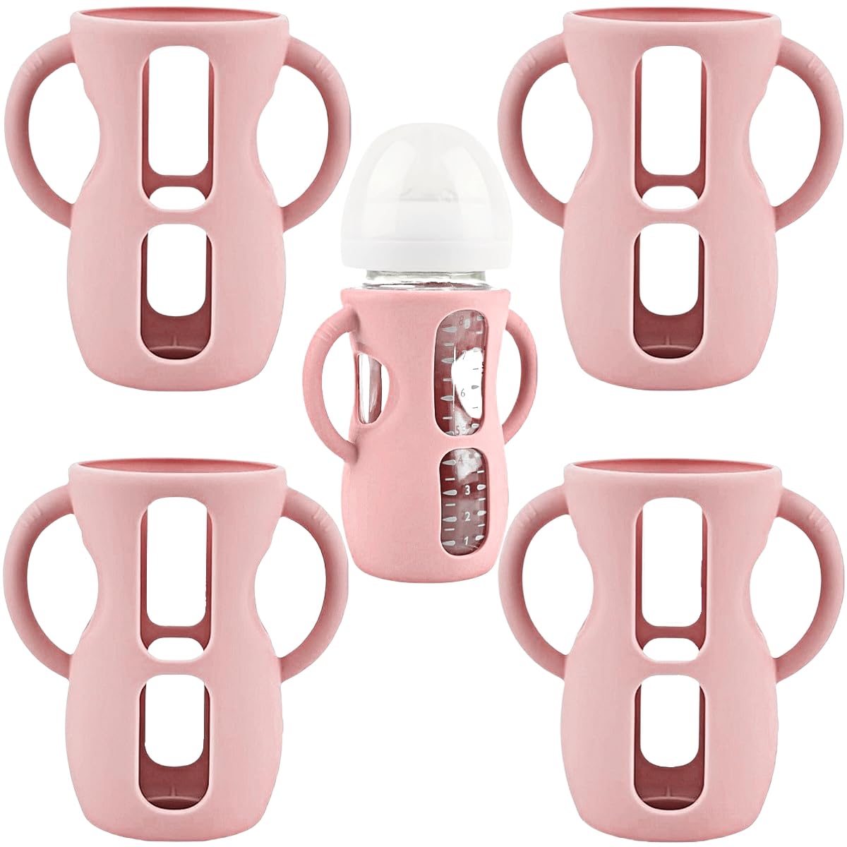 Frezonika 4 Pack Silicone Sleeves for Avent Natural Glass Baby Bottles, Silicone and Easy-Grip Handles for Drop Protection, Compatible with Philips Avent 4/8 OZ Glass Bottle (Cute Pink, 8 OZ)
