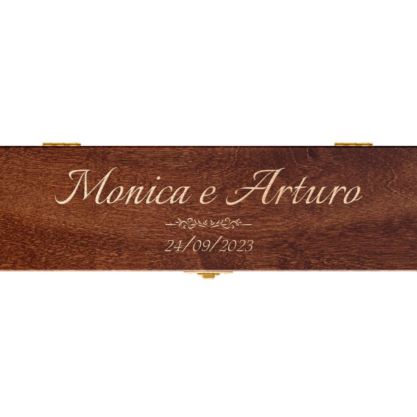 Maverton Scatola Portabottiglie Personalizzata - per 1 Bottiglia di Vino da 0,7 l - in Legno di Pino - Marrone Scuro - Incisione Laser - per le coppie - regalo di Natale - Coppia