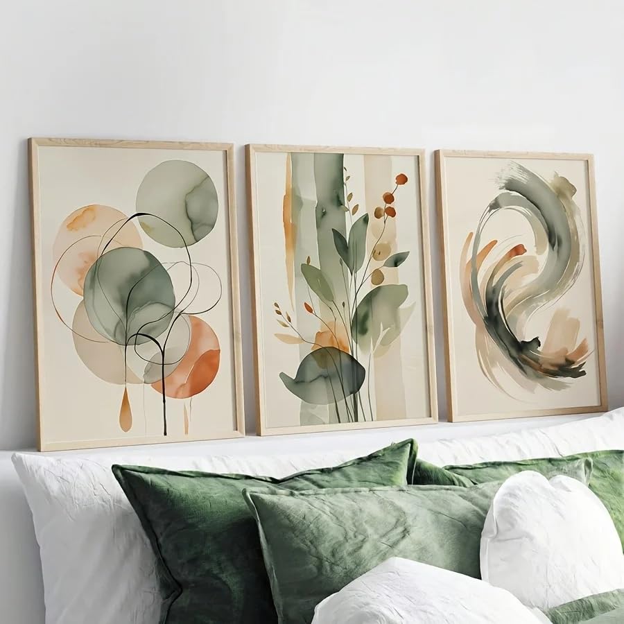 LTjiajuypd Quadro astratto ad acquerello color salvia beige, stampe botaniche e geometriche per la decorazione del soggiorno, stile giapponese Zen (60x85 cm - 3 pezzi)