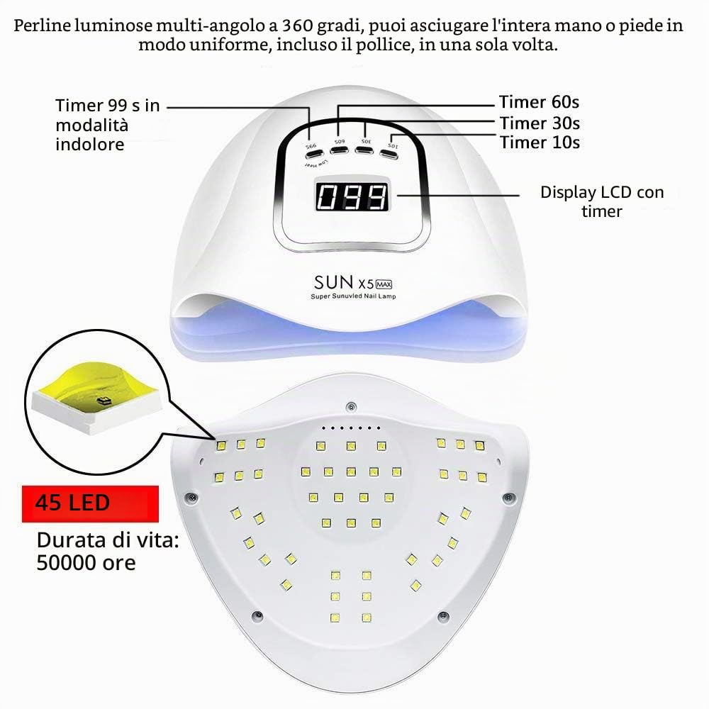 Lampada unghie LED UV da 150 W, lampada UV LED per unghie in gel, con timer 10s/30s/60s/99s, sensore infrarossi, display LCD