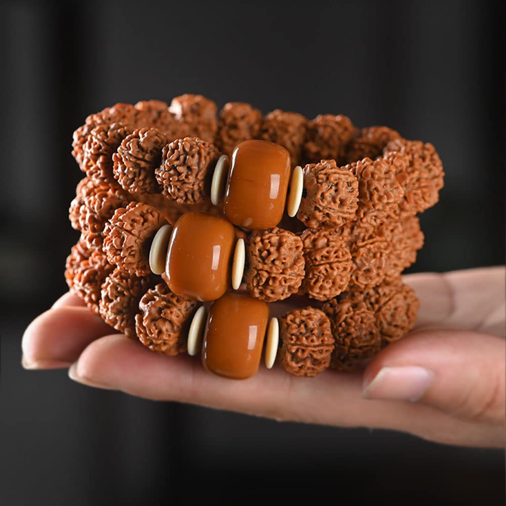 Braccialetto Bodhi, Bracciale Nepal Rudraksha Besds 18 * 13 mm Bracciale elasticizzato con perline di Buddha a cinque facce con perline d'ambra for la meditazione Preghiera Mala