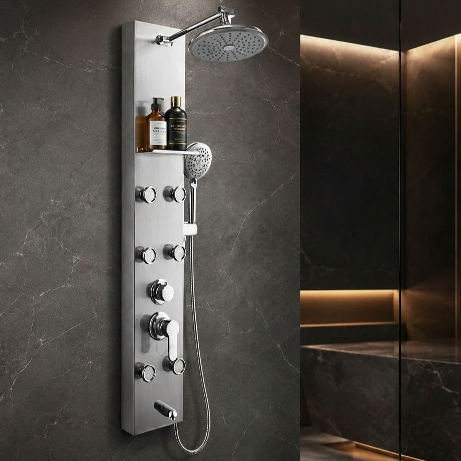Image of Backline All In 1 Shower Panels for Bathroom 304 SS Hot & Cold Water Adjustable | 3 Function Handshower with Waterfall Shower /Tub Spout /Body Massage Spray /Storage Rack (Brushed Nickel)