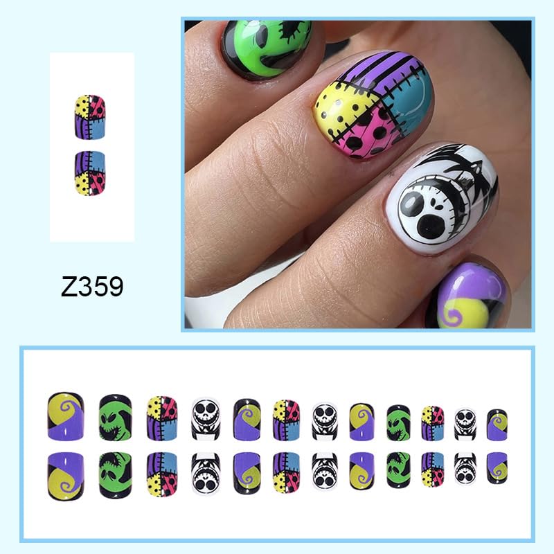 Miniatura 2 de Uñas postizas cortas a presión con punta francesa de Halloween, uñas postizas coloridas cuadradas, con pegamento, cara de fantasma, uñas postizas