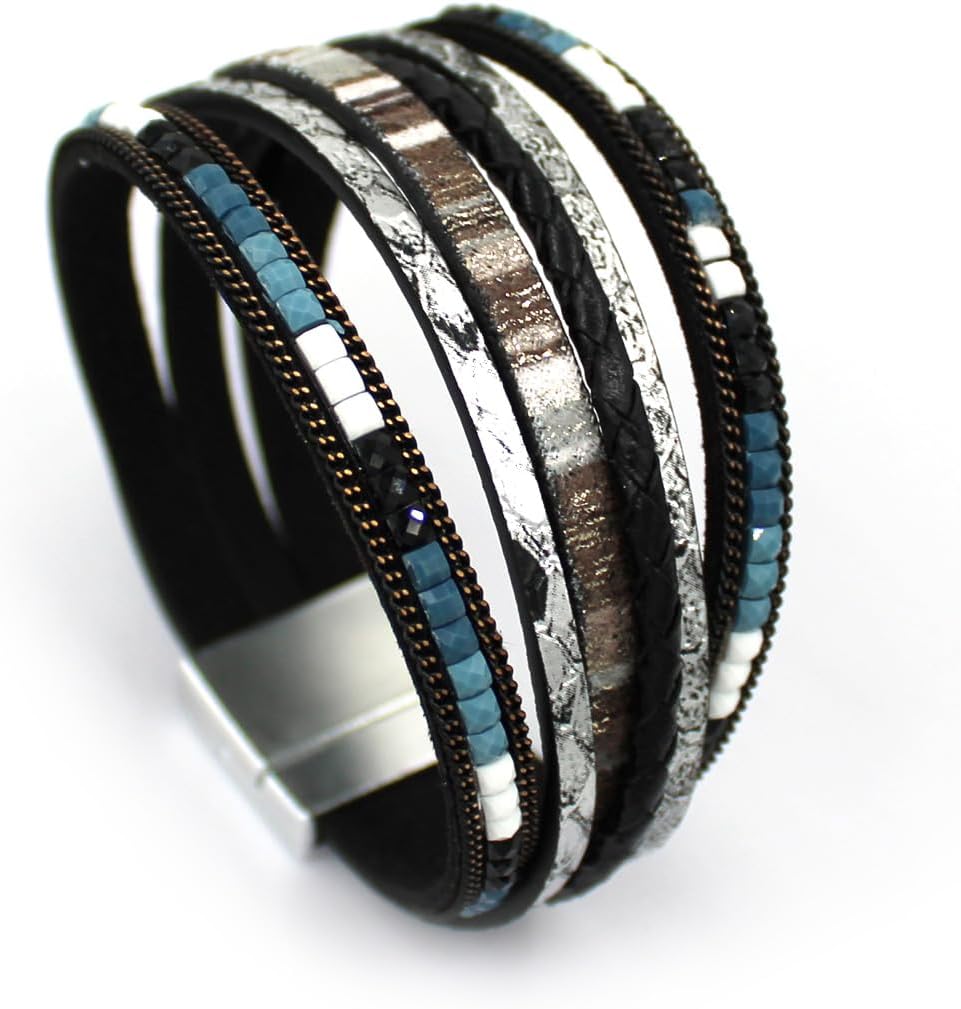 HAHAHE® Women's Boho Leather Wrap Bracelets Trendy Layered Bracelets with Magnetic Clasp Strackable Bohemian Jewelry Fashion Gifts - Image 3