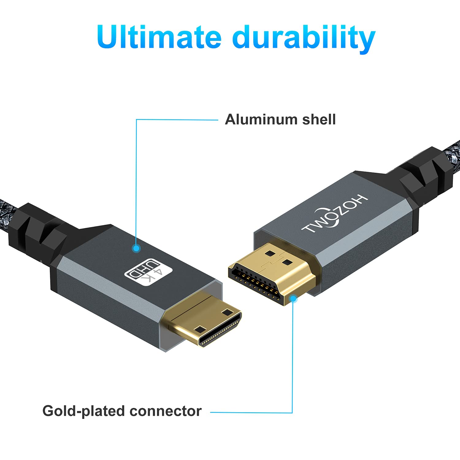 Twozoh Mini HDMI to HDMI Cable 1M, 4K 60Hz High Speed HDMI to Mini HDMI 2.0 Braided Lead, 1 PACK - Image 3