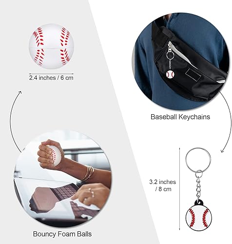 Miniatura 5 de ADXCO 110 piezas temáticas de béisbol, bolsas de regalo, mini bolas de espuma, pulseras de béisbol de silicona, llaveros deportivos, pulseras,