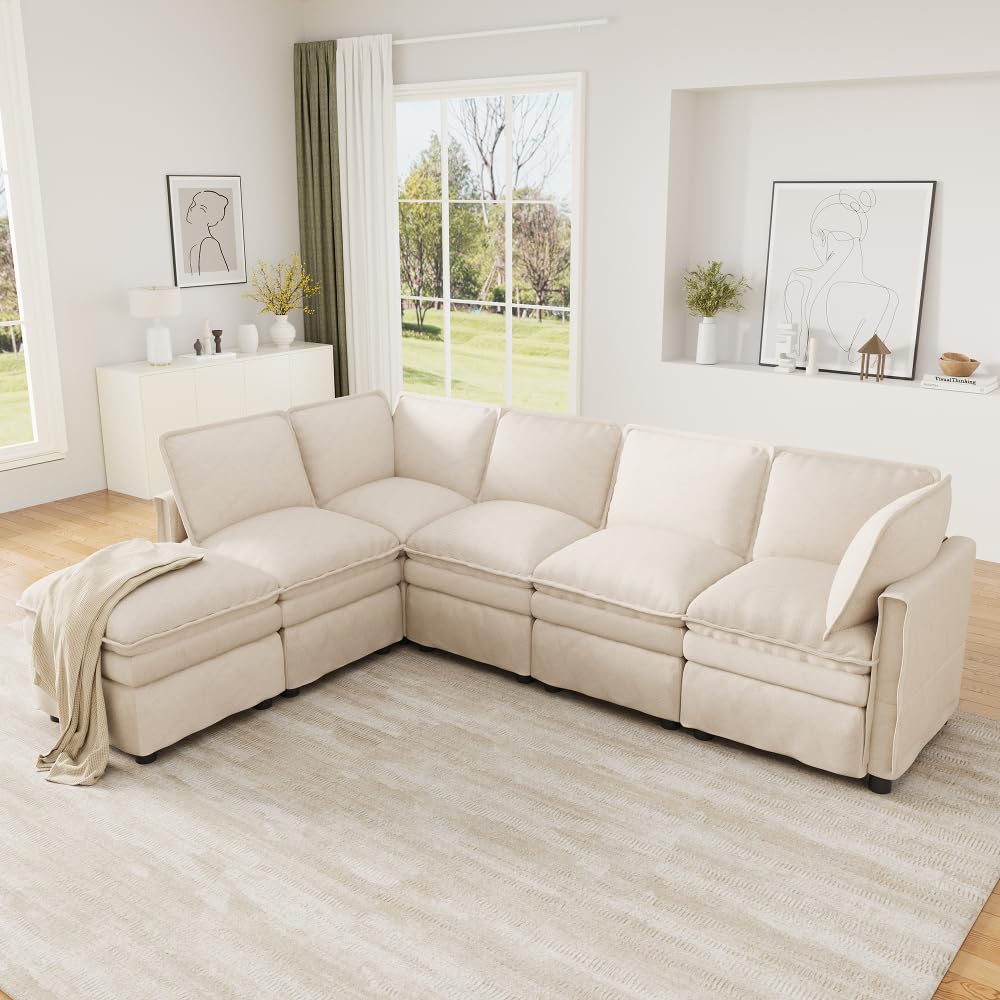 Sofá esquinero convertible, sofá convertible de 4 plazas, sofá cama con función de descanso, se puede combinar libremente en forma, con reposapiés móvil, doble acolchado de asiento,chenilla,(Beige)