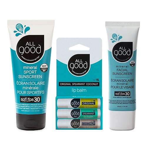 All Good - Paquete de bálsamo labial SPF 15, protector solar mineral y facial, amplio espectro SPF 30+, resistente al agua, incluye (1) protector