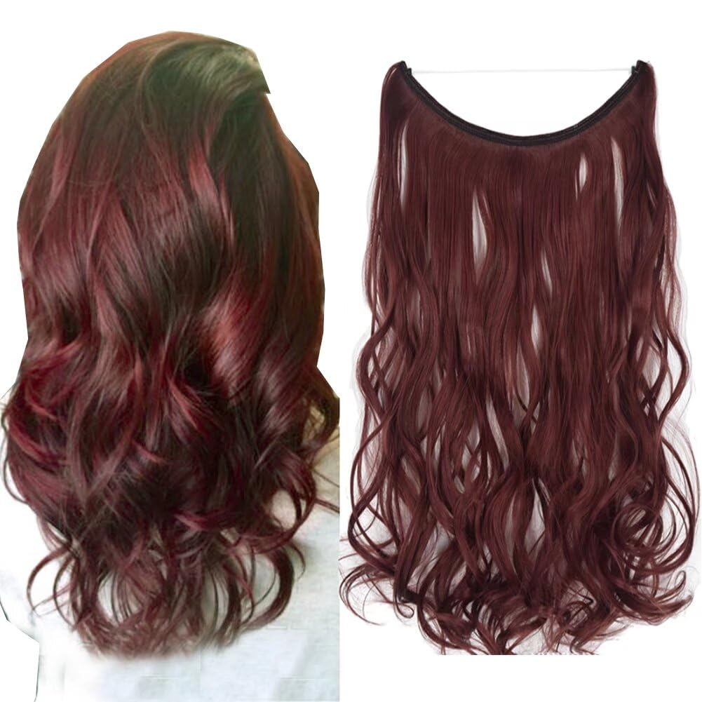 LaLuLoLi Hidden Invisible Wire Curly Synthetic Hairpieces Secret Miracle Wire Hair Piece with Fish Line Long Wavy Burgundy Red 80g/18" Hair Extensions for Women Girl