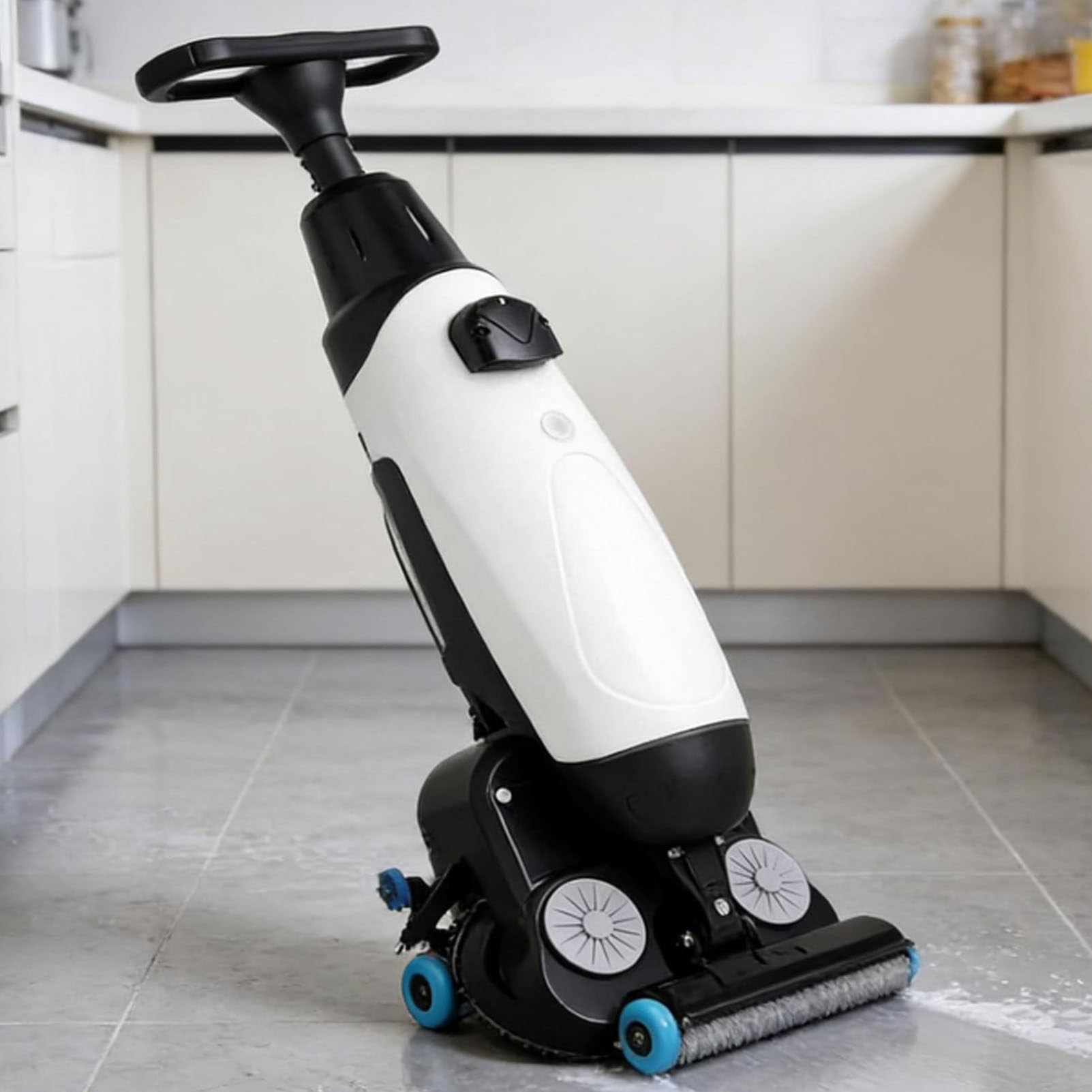 Autolaveuse-sécheuse commerciale autoportée, compacte et portable, largeur de nettoyage de 43 cm (17 pouces) pour petits espaces, bureaux, commerces, blanche