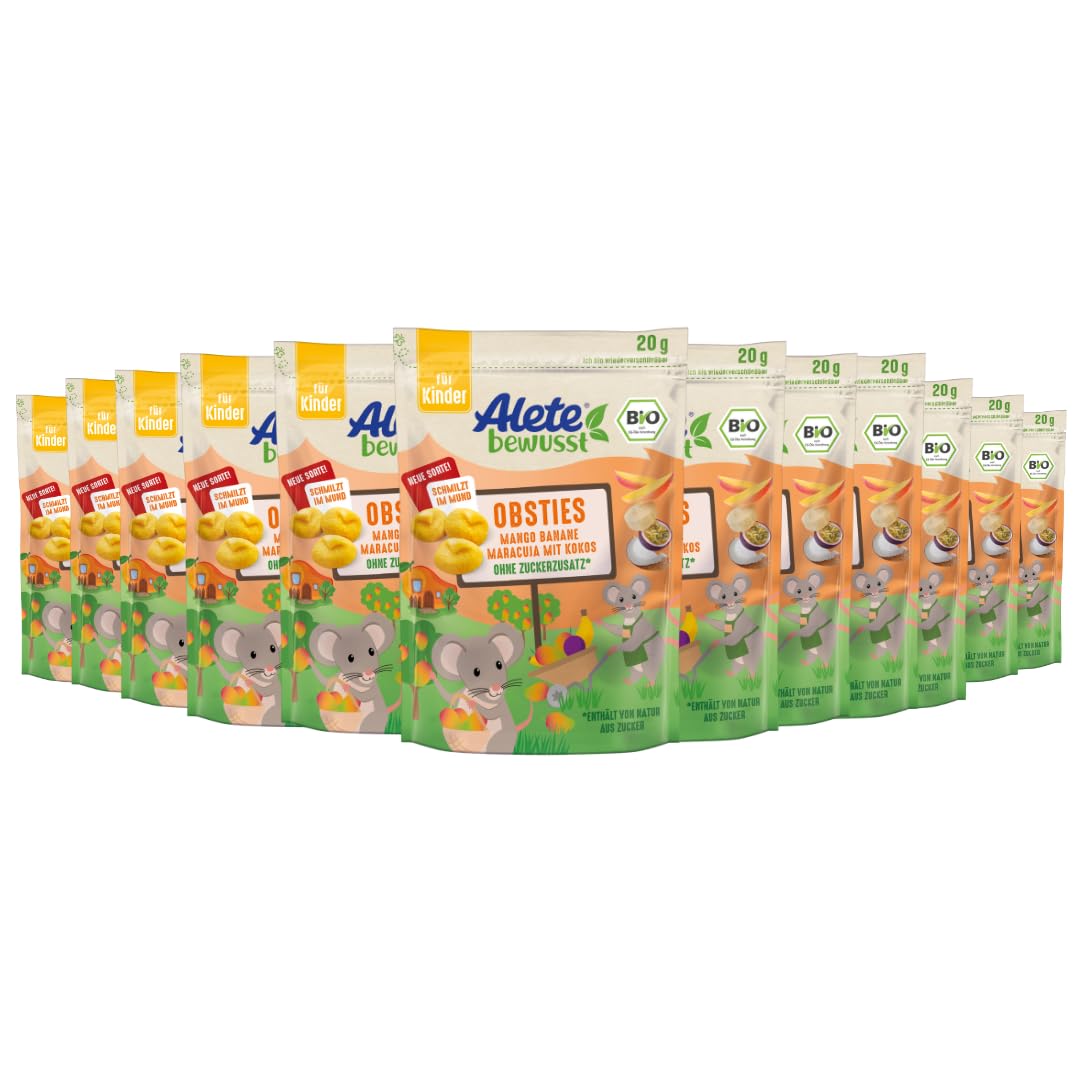 Alete bewusst Obsties Mango Banane Maracuja mit Kokos, ab 3 Jahren, gefriergetrocknete Bio-Fruchtchips, Früchte-Snack für Kinder, verzehrfertig im verschließbaren Beutel, 12 x 20 g