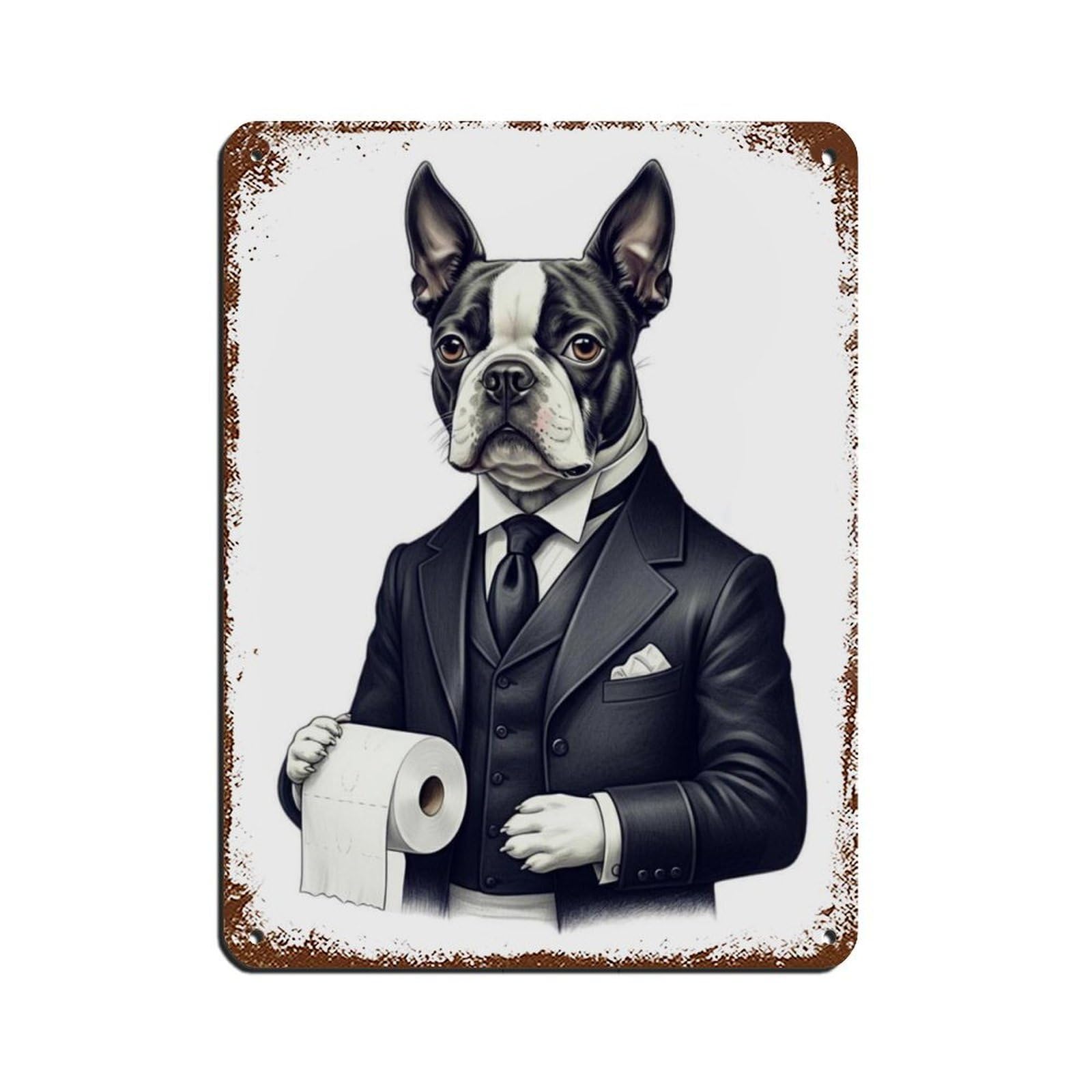 Boston Terrier Bathroom Art, Dog Lovers Gift Retro Poster Metal Tin Sign Chic Art Retro Iron Painting Bar People Cave Cafe Family Garage Poster Wall Decoration 12x16inch(30x40cm)