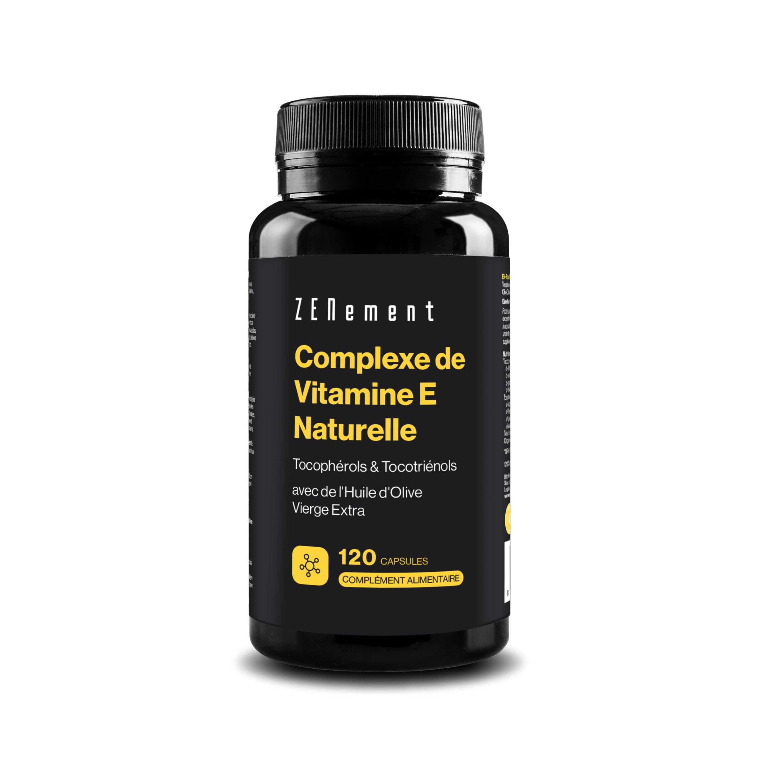 Natural Vitamin E Complex – Tocophérols et Tocotriénols – Puissant Antioxydant, Protège les Cellules du Stress Oxydatif – avec Huile d'Olive Vierge Extra Espagnole – 120 Gélules – Zenement