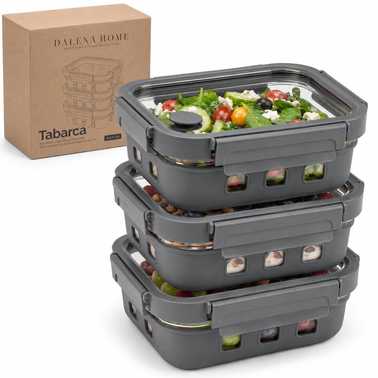 Meal Prep Boîtes Set 3x640ml – Verre borosilicate, hermétique, empilable, micro-ondes avec valve vapeur, coque silicone anti-choc