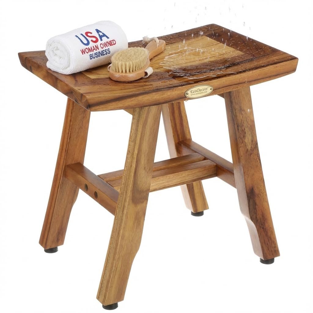 EcoDecors® Satori® 14" Solid Teak Shower Bench, Water-Resistant Bath Stool with Adjustable Feet, EarthyTeak Finish, Indoor/Outdoor Use