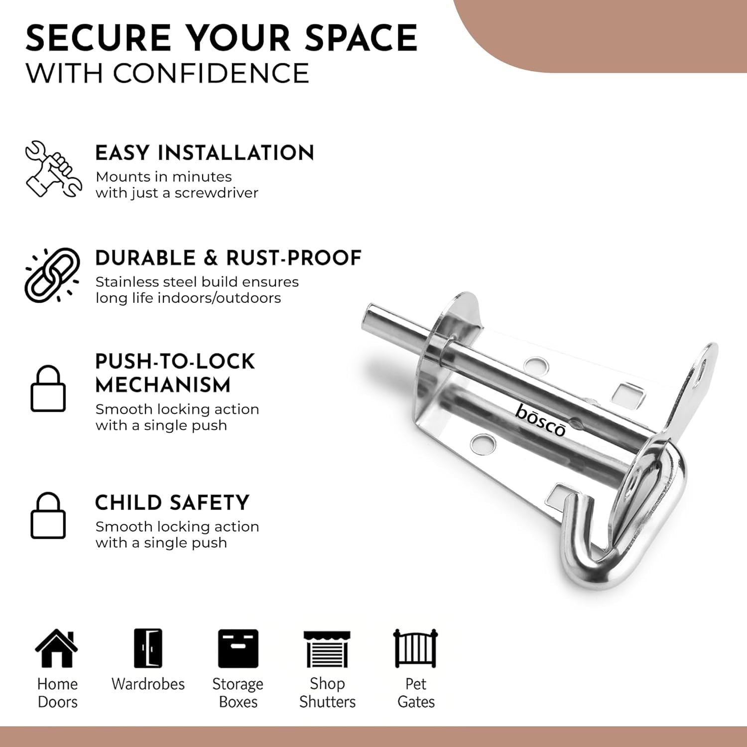 BOSCO® Locking Bolt Set of 2 | Heavy Duty Tower Bolt Latch Lock for Door, Window, Bathroom, Kitchen, Home & Office | MS Chrome Finish | Easy to Install | Premium Door Fittings — Amazon image 6
