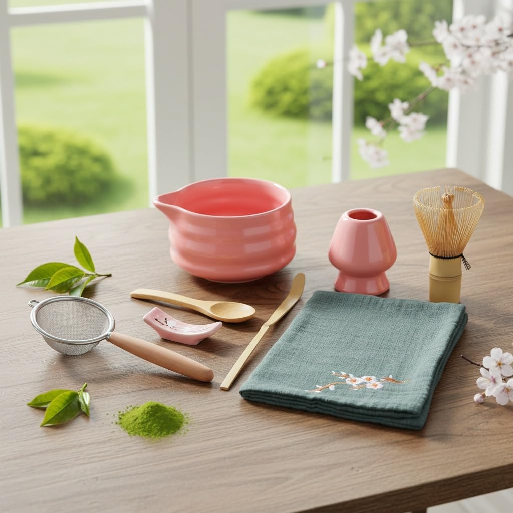 Matcha Tool Set, 10 Piece Traditional Japanese Tea Ceremony Kit with Bamboo Whisk, Ceramic Bowls, Cups, Strainer, Spoons, Holder and Cloth (pink)