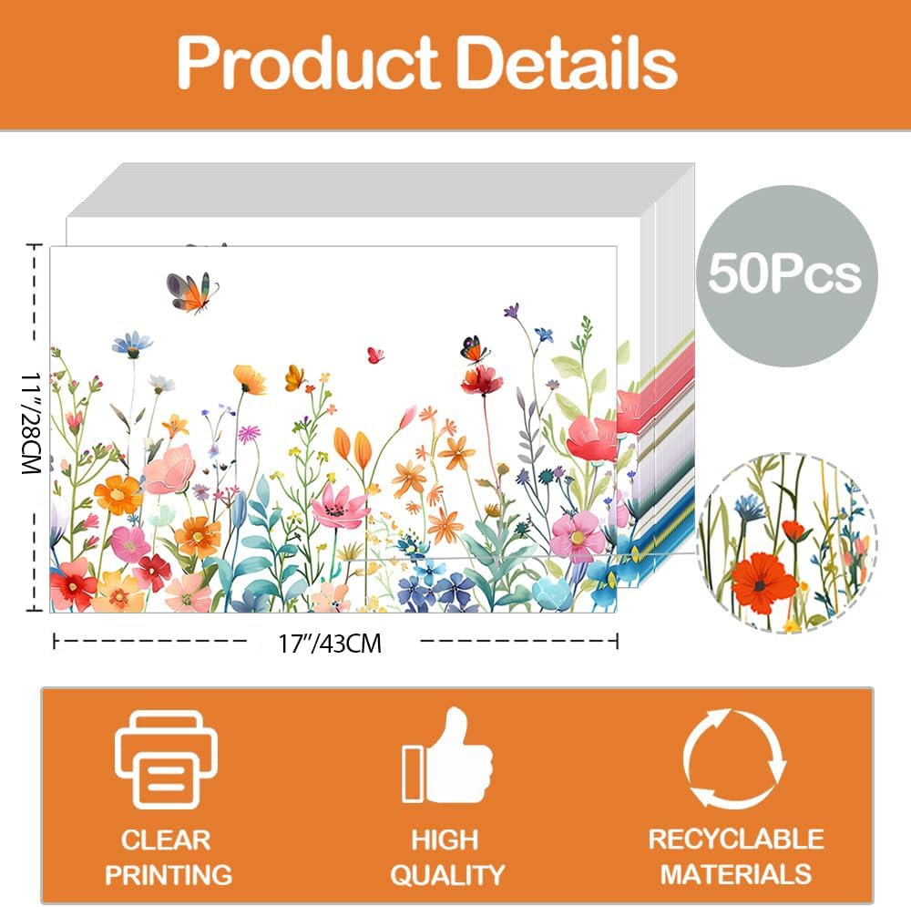 50 Pack Floral Disposable Placemat Paper, Watercolor Wildflower Place Mats 11 x 17 Inch, Summer & Fall Decorative Flower Paper Table Mat for Dinner Setting Bridal Shower Wedding Party Supplies