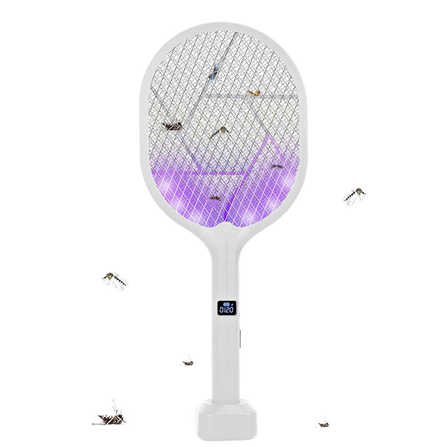 Electric Fly Swatter Racket USB Rechargeable Bug Zapper Mosquito Killer 2200V Pest Insect Repellent Electronic Catcher with Purple Light for Camping Indoor Outdoor Home (White)