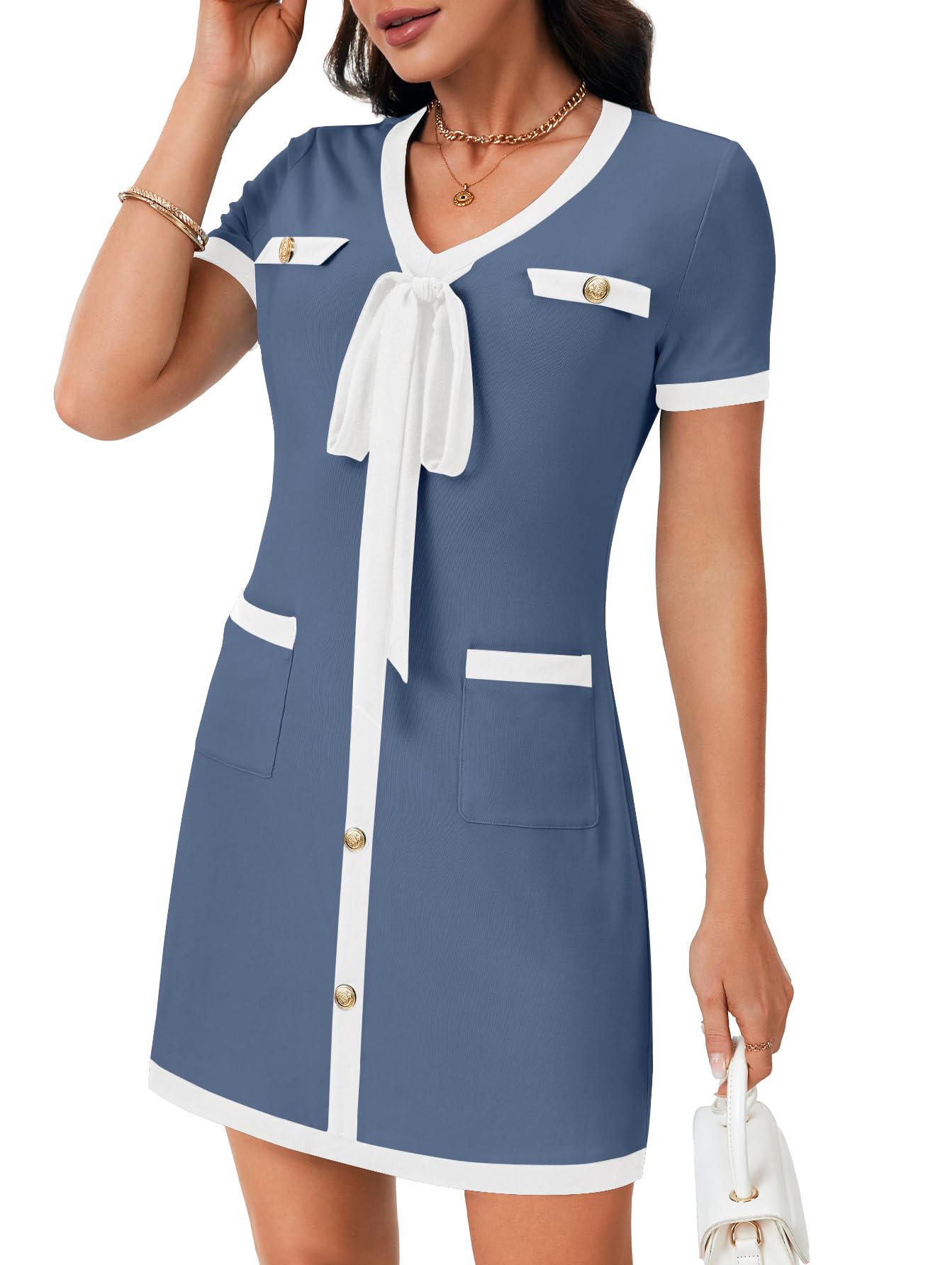 Rooscier Womens Short Sleeve Color Block Dress Button Bow Elegant Formal Work Mini Dress