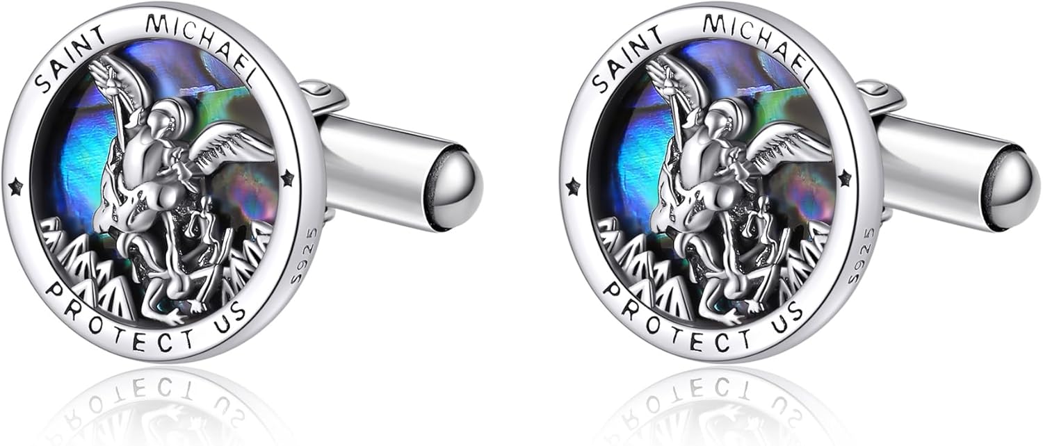 Comapss/Viking/Airplane/Sanit Michael/Firefighter/Masonic/Guitar Cufflink 925 Sterling Silver Abalone/Black Onyx Cufflinks for Men Tuxedo Shirt Executive Groom Father Wedding Present for Men