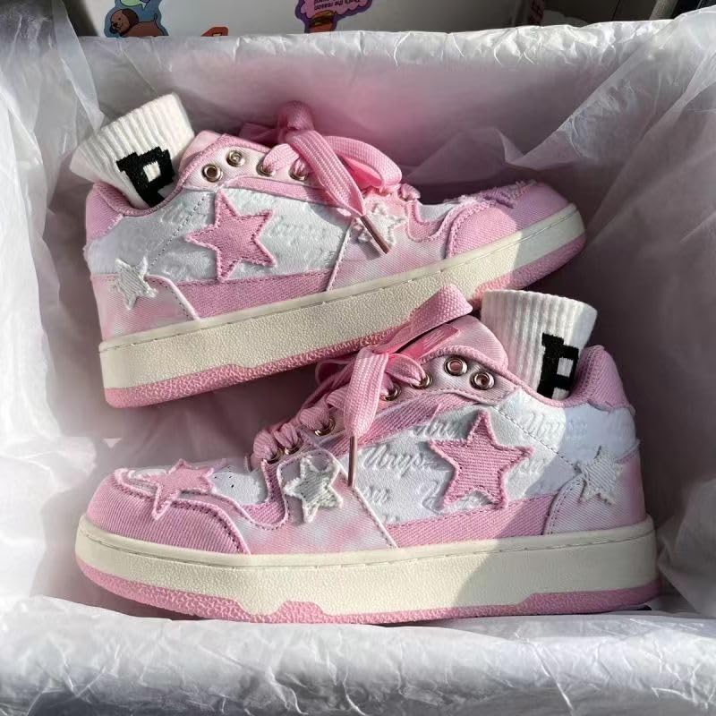 Women's Pink Star-Embroidered High-Top Sneakers Cute Kawaii Casual Shoes Chunky Sole Streetwear Daily Outfits3