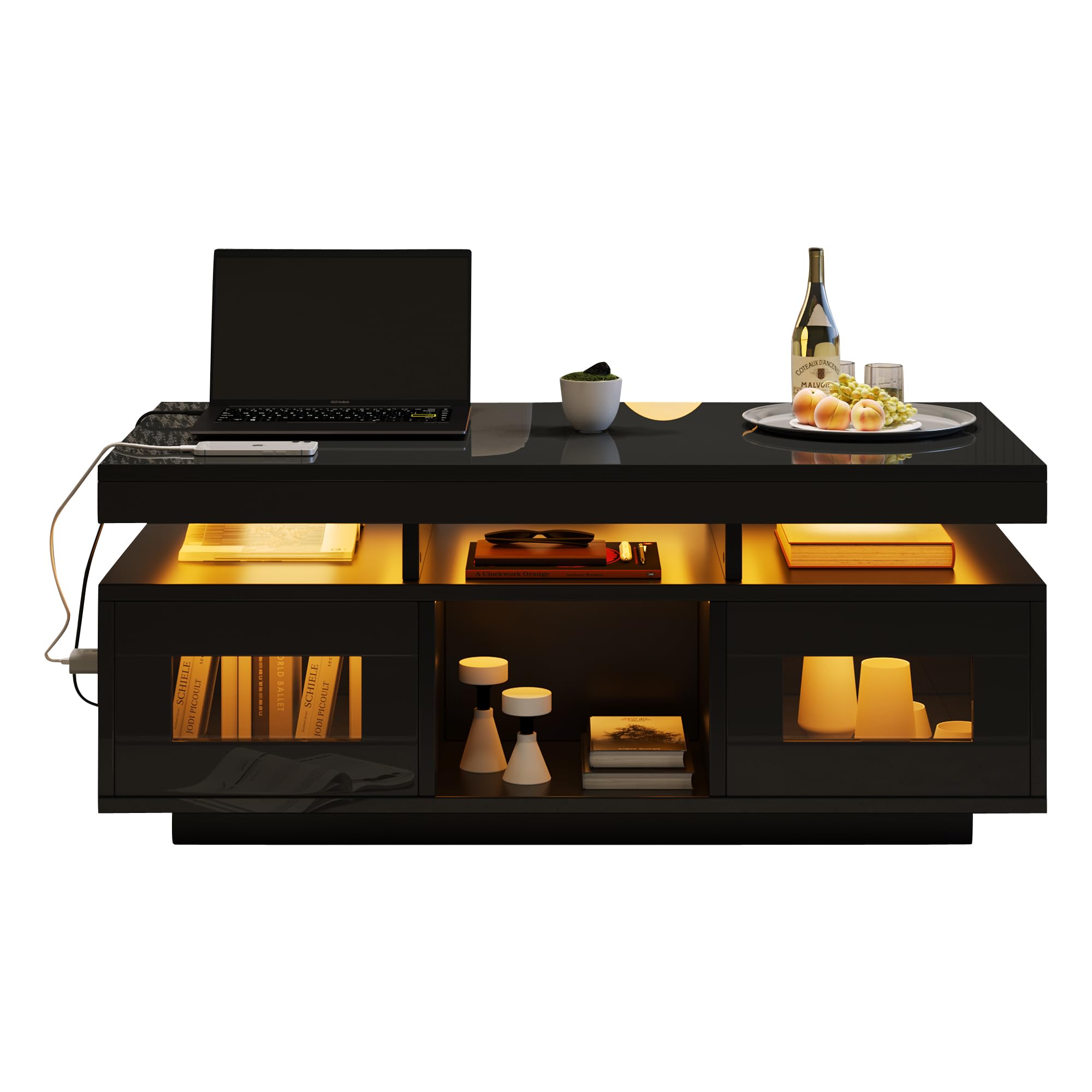 BTM 100x50x43cm Schwarz Hochglanz-Couchtisch, App-LED-Leuchten, Schrank, Ladeanschluss, Büro