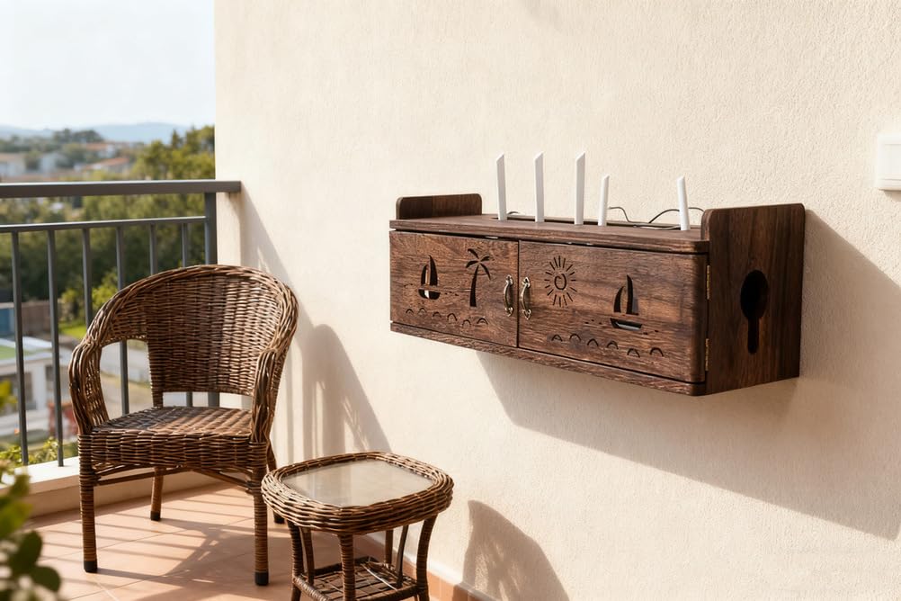 AVSMGP Meuble De Rangement pour Routeur en Bois De Paulownia Grand Meuble Rangement Mural pour Routeur Wi-FI- Étagère Marron Anthracite pour Dissimuler Routeur Et Câbles,58CM/22.8IN