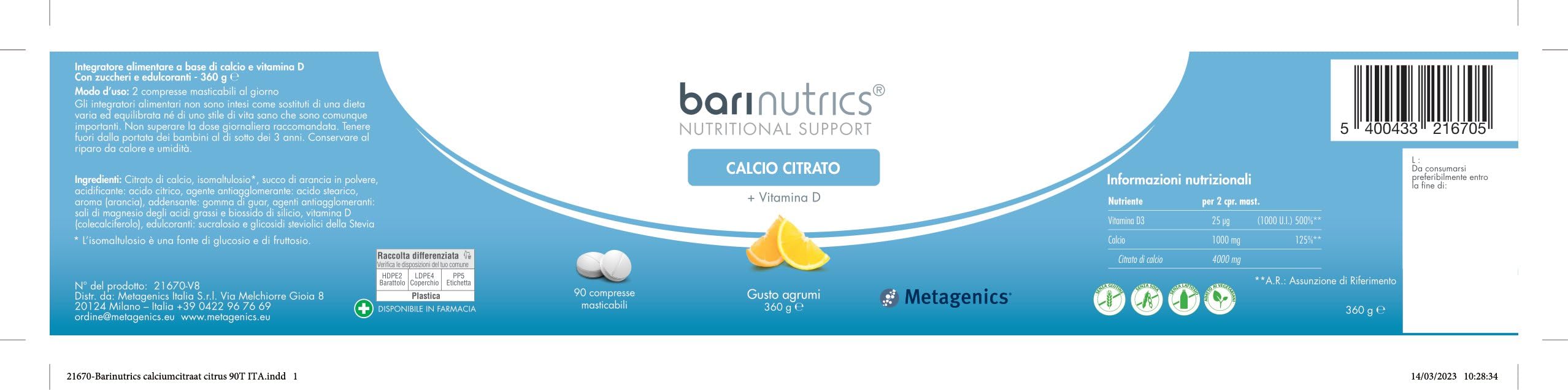 Metagenics BariNutrics Calcio Citrato + Vitamina D - Integratore Alimentare - 90 Compresse Masticabili, Gusto Agrumi