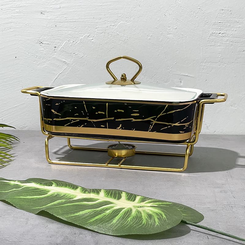 HONHPD Ceramics Chafing Dish Buffet Set, Marble Finish Chafing Dish, Rectangular Chafers for Buffet/Weddings/Parties/Banquets/Catering Events, Black (3 Piece Set?