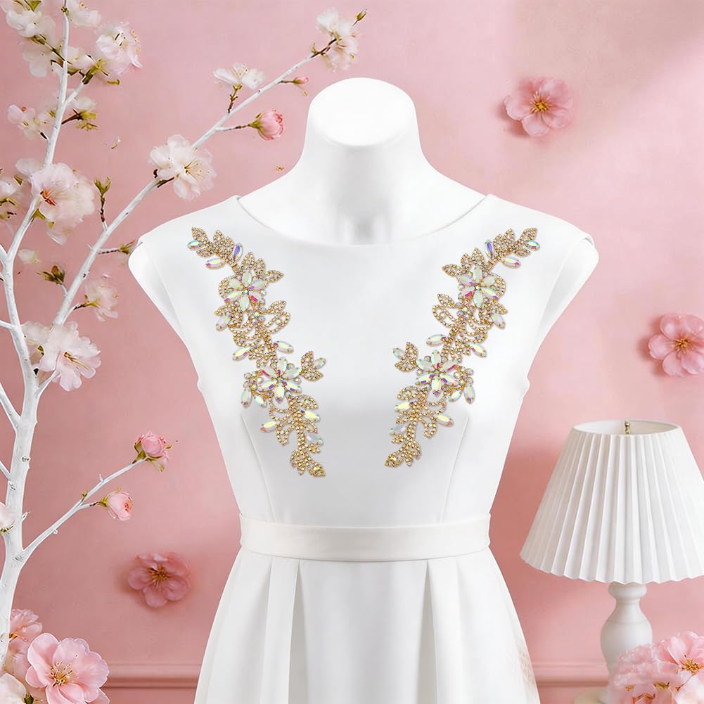 FINGERINSPIRE 1 Paio Toppe con Perline in Strass Toppe da Cucire con Strass in Cristallo AB, Dorati Fatti a Mano per Decorazioni di Abiti da Sposa, Accessori per Vestiti