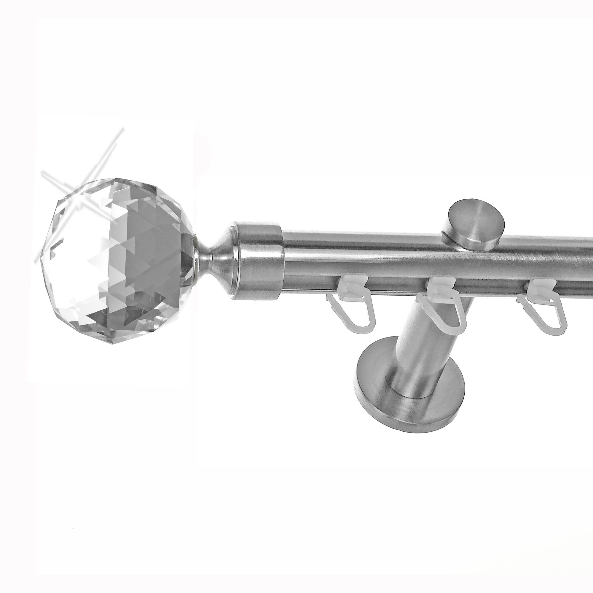 BASIT Gardinenstange Innenlauf Edelstahllook 20mm 1-läufig Wand 200cm H30 | Gardinenstangenset einläufig Wandmontage Metall Vorhangstange Wandhalterung 120-600cm wählbar Kappe Kugel Kristall E87