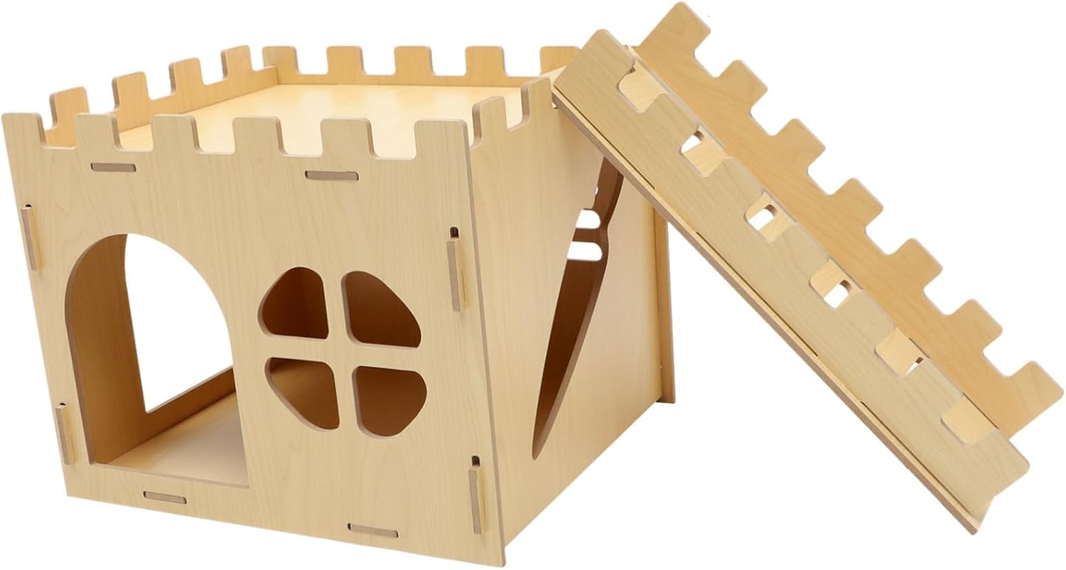 Bunny Castle Playhouse for Rabbits Chinchilla Guinea Pigs Wooden Hideout Round Edges Detachable Habitat