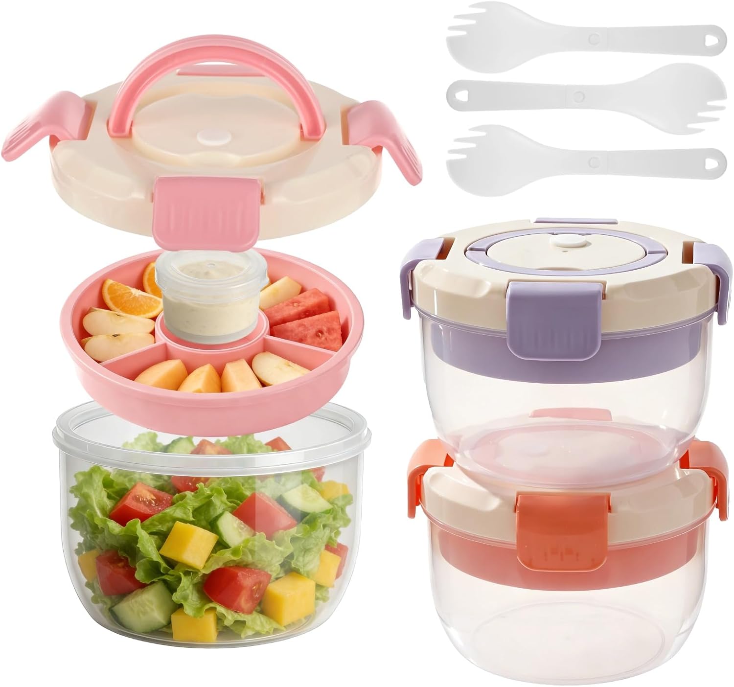 ZALIR 3 Pcs Salad Lunch Container Set, 44 Oz Plastic Bento Meal Box with 3 Compartments, Leakproof Dressing Container & Fork Included, Ideal for Meal Prep, Fruits & Snacks