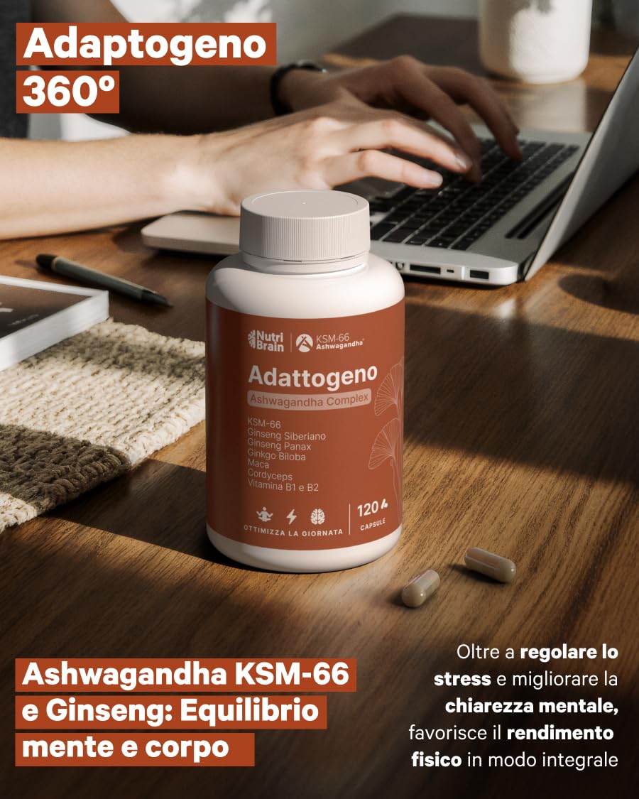 Complesso Ashwagandha KSM-66, Ginseng, Ginkgo Biloba, Maca, Cordyceps & Vitamine B1-B2 | Adattogeno, Anti-Stress, Equilibrio, Energia, Prestazioni | 120 Capsule | Vegano, Senza OGM, Senza Glutine