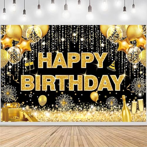 Image of DARSHANAM WORLD Birthday Decoration Backdrop Cloth Curtain (Pack of 1, Size: 5x8 Feet) Background Enhancer Poster,Happy Birthday Sign Theme-(Polyester) (Gold & Black)