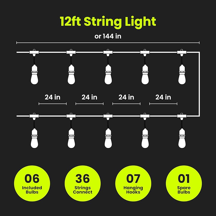 Feit Electric LED String Lights with Flame Bulbs Effect, 12ft Commercial Grade and Shatter Resistant String Lights, 6 Sockets, Linkable, 15,000-Hour Lifetime, SL12-6/FLAME, 7 Bulbs Included - image 3