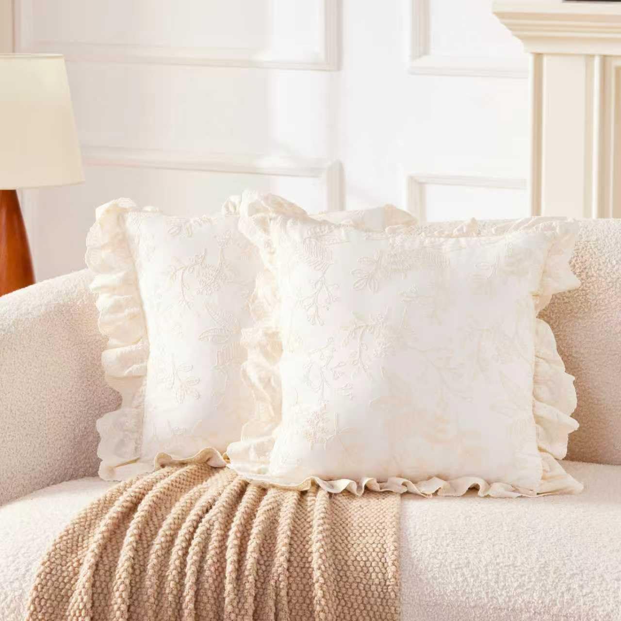 Hausfrau 14x24 Throw Pillow Covers Set of 2, French Style Florals Embroidered & Lace Ruffle Trim Pillowcase Chic Decorative Pillow Sham for Sofa, Wedding, Black